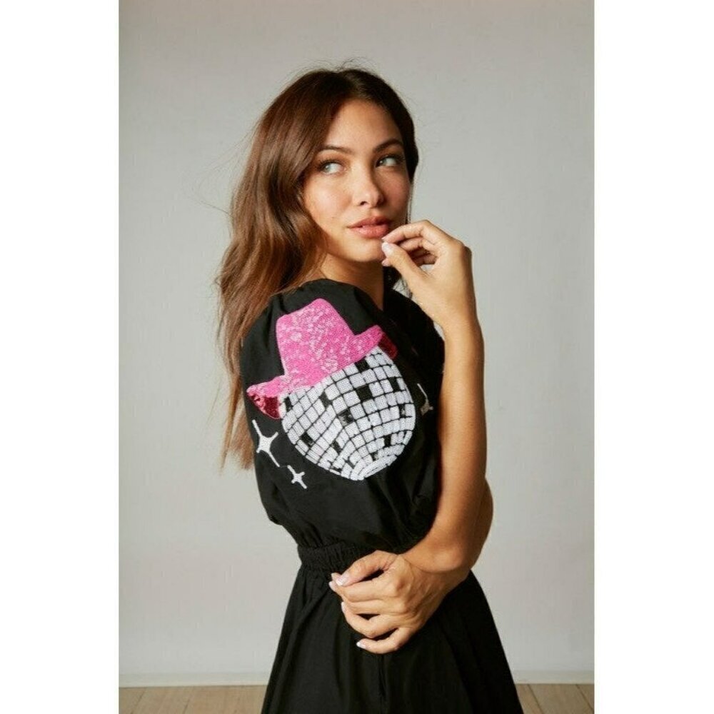 Disco Fever Sequin Patch Skater Mini Dress in Black